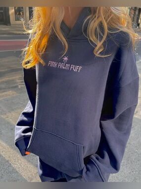 Pink Palm Puff Classic Sweatsuit, Hoodie And Pants- Navy - Small